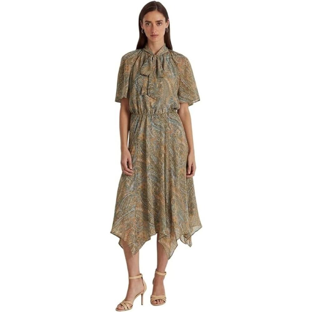 Lauren Ralph Lauren Georgette Dress Coastal Tie Neck Preppy Paisley Party 4